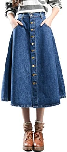 Femirah Women's High Waist Front Button A Line Flare Denim Skirts