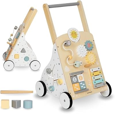 Andador de Bebé 8 en 1 Madera - Incluye Juguetes Educativos, Tablero Actividades y Estante Amplio - Altura Ajustable 58-66cm - 4 Ruedas de Antideslizantes
