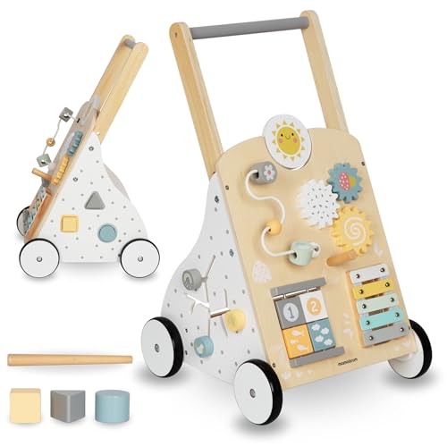 Lauflernwagen aus Holz mit Multifunktionalem 8in1 Spielcenter – Motorikspielzeug für Kleinkinder, Stabile Konstruktion, Xylophon und Zahnräder