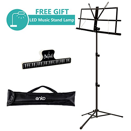 Music Stand, ANKO Professional Collapsible Music Stand with Music Book Clip, LED Music Stand Lamp and Carrying Bag. suitable for Violin, Guitar, Flute and Instrumental Performance. (BLACK-1 PACK)