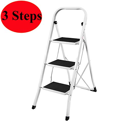 Metal Steel Step Ladder 3 Tread - Folding Portable Stepladder with Safety Hand Rail - 150kg Load Capacity, Extra Large Steps Support with Non-Slip Moulded Rubber Mat Idea for Home/Kitchen/Garage