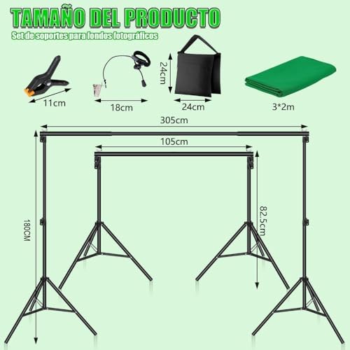 Fundo Verde, Fundo Infinito para Fotografia, Fundo Fotografico, Suporte Retrátil, 3m(L) x 1.8m(A) Suporte de Fundo Ajustável + Fundo de Tela Verde + Bolsa, Suporte Fundo Infinito Foto