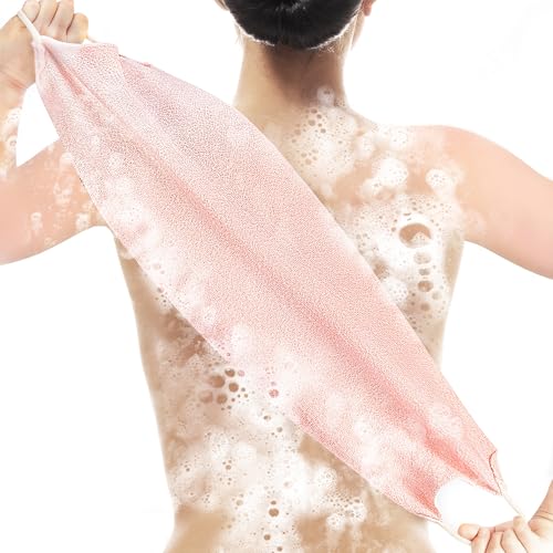 Culture Gifts Extended Exfoliating Back Scrubber with Handles, Nylon Cleaning Exfoliator Washcloth for Body, Stretchable Pull Strap Soft Quick-Drying Rough Scrub Towel, Pink