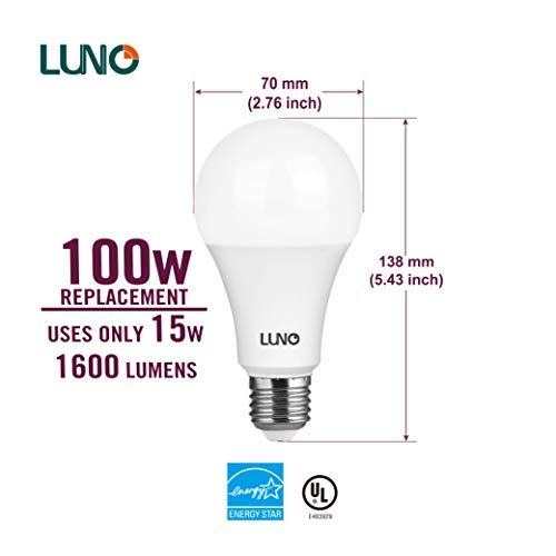 LUNO A21 Dimmable LED Bulb, 15W (100W Equivalent), 1600 Lumens, 2700K (Soft White), Medium Base (E26), UL & Energy Star (4-Pack)