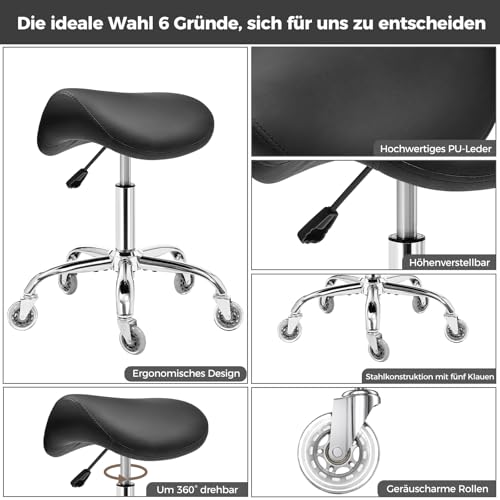 BEWISHOME Saddle Stool Height Adjustable, Saddle Stool with Wheels, 360° Swivel Stool, Roller Stool, Ergonomic Stool, Load Capacity 200 kg for Beauty Salons, Spas Salons and Clinics (Black)