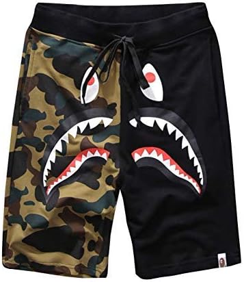 Shark Pattern Camouflage Stitching Shorts Men Drawstring Sports Shorts