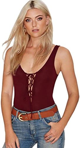 Blooming Jelly Women's Stretch Lace up Tank Leotard Bodysuit Jumpsuit, Dull red, Small