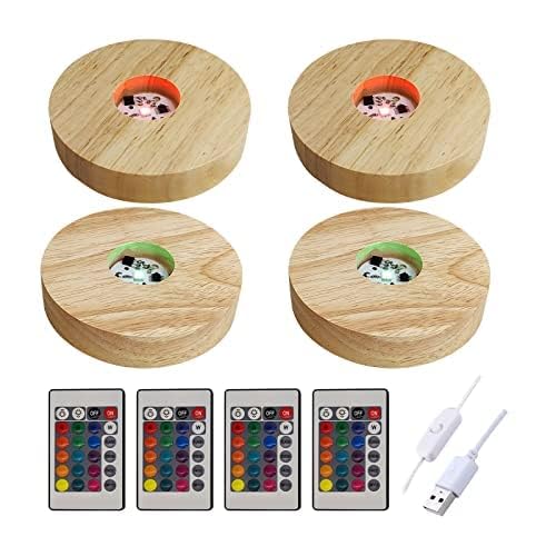 luolety Wooden LED Light Base Display Base, USB Wood Light Display Base Crystal Glass Light Base Stand for 3D Crystal Glass Resin Art (Wood-Multicolor Light,4pcs)