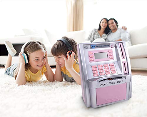 LB Pink ATM Savings Bank Electronic Mini ATM Piggy Bank Cash Coin Educational ATM Machine for Girls Birthday