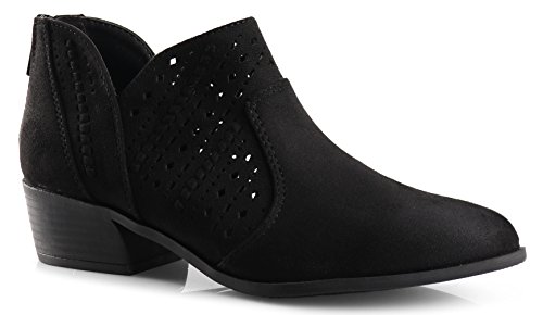 LUSTHAVE Perforated Laser Cut Out Stacked Betty Chunky Low Heel Ankle Bootie - Side V-Cut Back Zipper Boots Black 8