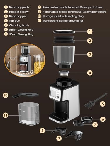 Homtone Electric Coffee Grinder with Conical Grinder – Coffee Mill with 51 Grinding Levels, Removable Holder, Container Included – for Espresso, Filter Coffee, Cold Brew (Acciaio Inox)