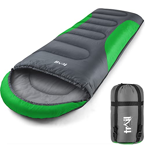 Trail-Alpin-Schlafsack mit Kapuze – 250 g 3-Jahreszeiten- Leicht, kleines Packmaß – mit Kapuze und Kompressionssack (Grün)