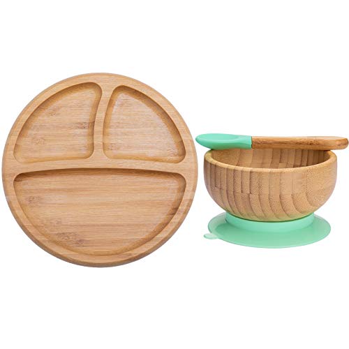 Baby-Plates-and-Bowls-Set-Baby-Wood-Bowls-and-Baby-Wood-Plates-Set-with-Baby-Spoons-Bamboo-Suctions-Plates-Bamboo-Baby-Bowls-for-Infant-Baby-or-Toddler-Kids-Feeding-Holder-Cyan-Blue