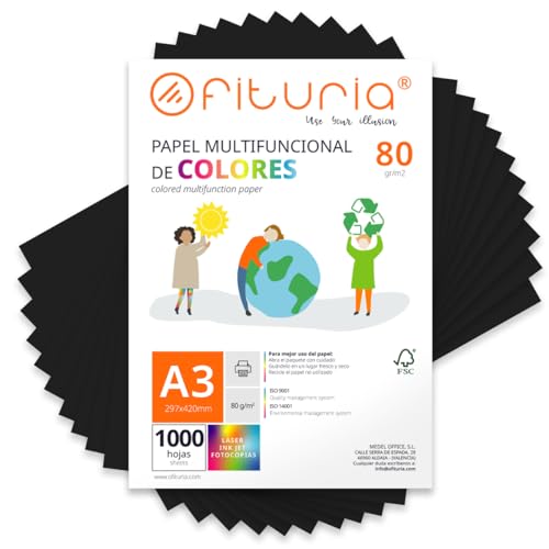 OFITURIA Buntes Papier, 1000 Blatt A3 80g – Farbiges Papier für Basteln, Drucker, Scrapbooking – Farbbögen (Schwarz, 1000 Blatt)