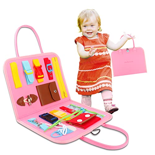Zalmoxe Busy Board for Toddlers 1-4 Year Old - Sensory Toys with Buckles, Learning Dress Skills, Toddler Activities Travel Toys for Boys Girls (Pink)