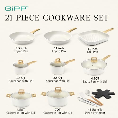 GiPP 21Pcs Pots and Pans Set Non Stick - White Granite Kitchen Cookware Sets Nonstick Induction Cookware Non-toxic Cooking Pan Set with Silicone Utensils, PFOS and PFOA Free