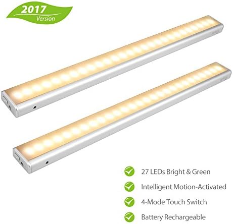[Upgraded] Wireless 27LED Motion Sensor Light, Megulla USB Rechargeable Battery-Operated Motion Night Light for Under Cabinets, Closets and Bathrooms (Stick Anywhere, Auto On/Off ) -2Pack, Warm White