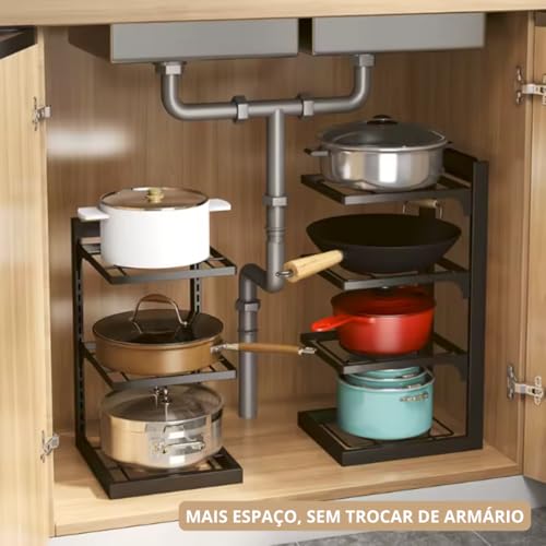 Organizador de Panelas Vertical Ajustável em Ferro – Porta Panelas para Armário de Cozinha | Suporte Modular com Ajuste de Altura para Panelas, Frigideiras e Tampas (4 camadas)