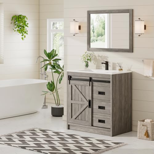 Jocisland Farmhouse Bathroom Vanity with Sink Combo, 31in Sliding Barn Door Bathroom Vanity Cabinet Set with Storage Drawers, Metal Handles, Small Single Bath Storage Vanity Sink, Light Grey