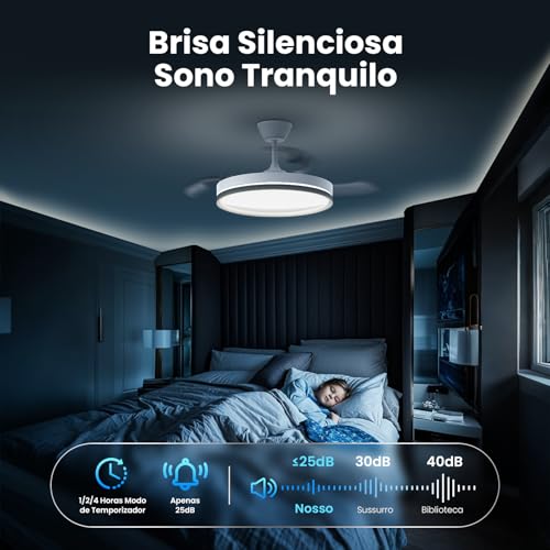 Ventilador de Teto com Pás Retráteis, Luz LED e Controle Remoto – Modelo Silencioso de 106 cm, Bivolt, 6 Velocidades e 3 Temperaturas de Cor (3CCT) para Uso Interno