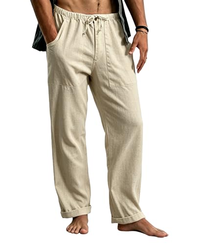 Cegerne Pantalones de Lino Hombre Largos Ligeros, Pantalón de Verano Casual con Cintura Elástica y Cordón, para Playa Vacaciones Medieval Vintage y Uso Diario