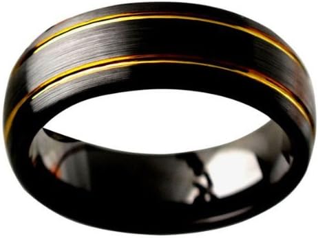 8mm Brushed Finish Black Ceramic with Yellow Gold Plated Grooves Classic Domed Wedding Band - Size 15