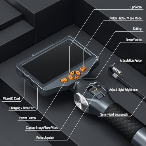 Teslong Articulating Borescope with Dual Lens Endoscope, 5-inch IPS Automotive Inspection Camera with Two-Way Articulation Tip, 6+1 LED Lights, Mechanics Fiber Optic Scope-Dia. 0.25 inch & L 5.0 feet