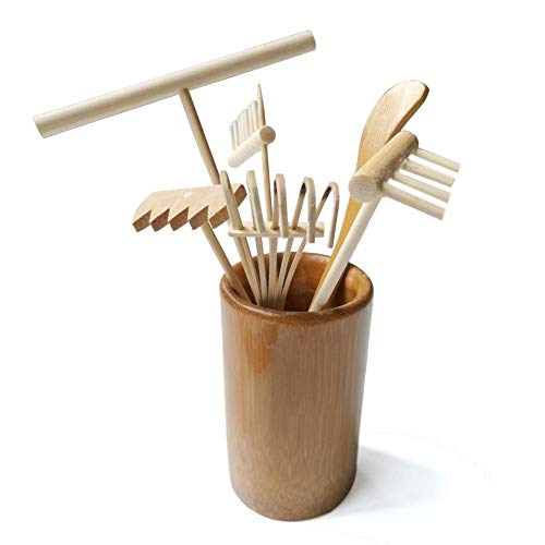 Gallop Chic Zen Garden Tools Set - Mini Desktop Sand Box Accessories - Miniature Rake Kit with Bamboo Holder for Rock Garden, Meditation & Relaxation Home or Office Decor, Great Gift idea