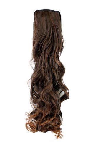 Hairpiece PONYTAIL (comb & ribbon wrap-around system) extension pigtail very long (24 inches) slightly CURLED wavy MIXED BROWN redbrown ends chestnut YZF-1094HT-2T30