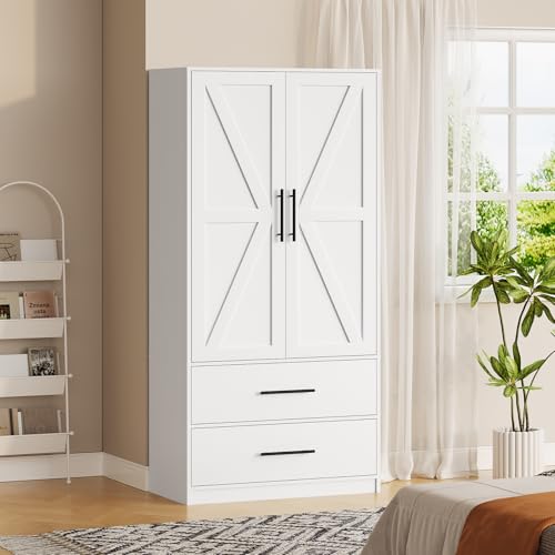 HOOBRO Armoire Wardrobe Closet with 2 Drawers, 180 cm Tall Wardrobe Cabinet with Hanging Rod, 2 Doors Bedroom Armoires, Farmhouse Clothing Storage Cabinet, Wooden Wardrobe for Bedroom, White WT180CW01
