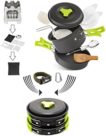 Qunlei Camping Cookware Mess Kit with folding wood stove and Compass fire starter, Non-Stick Anodized Aluminum Complete Lightweight Folding Kit for Camping Hiking &amp; Backpacking for 1-2 adult