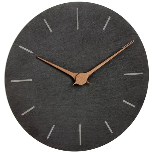 TFA Dostmann Moderne Wanduhr Schiefer, 60.3068.10, ohne Tickgeraeusche, mit Walnuss Holz Zeigern, Quarzuhr, 25 cm, zum Haengen, schwarz