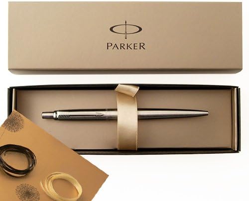 Personalised Parker Jotter Ball Pen with BLACK INK, Stainless Steel - In a Gift Box, Personalised Engraved FREE, Plus Gift Wrap and Ribbon included as shown.