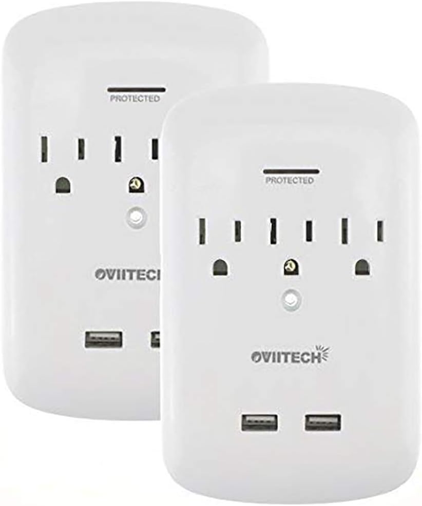 Surge Protector USB Wall Mount Outlet 3-Outlet Plug and Dual 2.4A USB Charging Ports,OviiTech Socket Plug Splitter Adapter,White,2 Pack