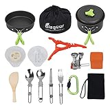 Bisgear 12-17Pcs Camping Cookware Stove Carabiner Canister Stand Tripod Folding Spork Set Outdoor Camping Hiking Backpacking Non-Stick Cooking Picnic Knife Spoon Wine Opener