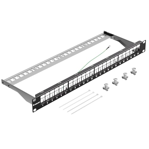 VCELINK 24-Port All Metal Blank Keystone Shielded Patch Panel, 1U Rackmount Housing with Cable Management Bar and Ground Wire, Compatible with RJ45, HDMI, and Blank Keystone, 19 Inch