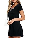 AnnFlat Women's Casual V Neck Lace Up Short Sleeve A-Line Swing Mini Dress(FBA)