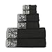 Superior 6 Piece Cotton Towel Set, Floral Jacquard Dobby Border, Quick Dry, Decorative Bathroom, Shower, Bath, Includes 2 Body, 2 Hand, 2 Face Towels/Washcloths, Wisteria Collection, Black