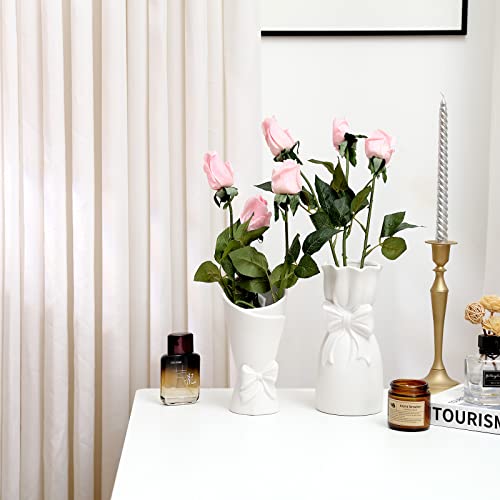 White Ceramic Vase Set of 2, ViViTOP Small White Vase in Bulk for Flower, Boho Vase Centerpiece for Table, Mini Pampass Grass Decor Unique Vase Fit for Wedding Decorations Room Office Home Decor