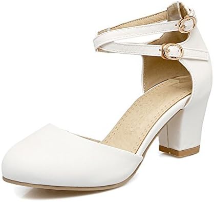 Sfnld Women's Sweet Round Toe Cross Buckle Strap Medium Block Heels Pumps Shoes White 9 B(M) US