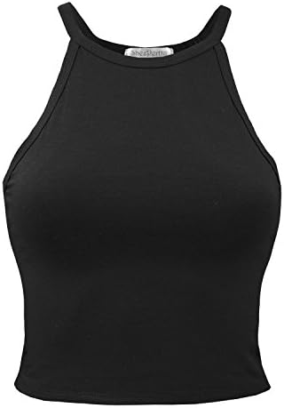 ShezPretty Women's Cami Spaghetti Strap High Neck Racerback Crop Tank Top (Medium, Black)