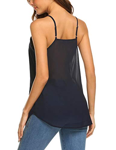 SUNAELIA Women Sleeveless Strap Tank Top Camisole Chiffon Summer V Neck Casual Solid Loose Blouse Shirts Navy Blue