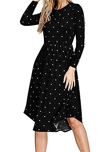 DATANE Women Long Sleeve Pleated Polka Dot Pocket Swing Casual Midi Dress Black-Small