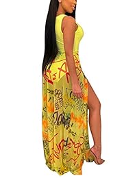 Wonmen's Maxi vestido sin mangas, malla transparente de alta división de largo tanque vestido de mono