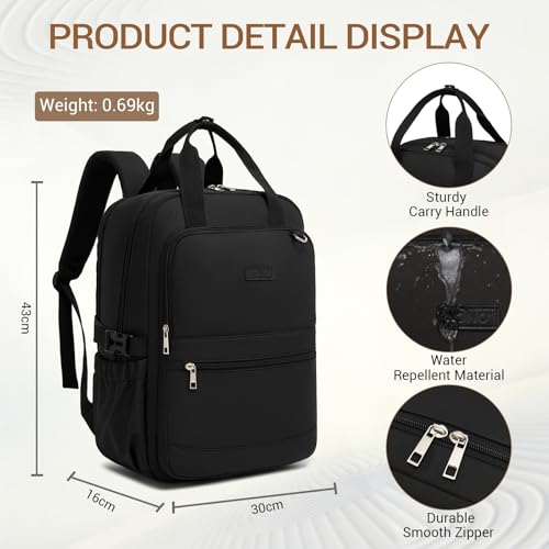 Kono Laptop Backpack for 15.6 Inch Women, Large Capacity, Waterproof with Bottle Pocket, Ideal for Work, University, Travel (Black)