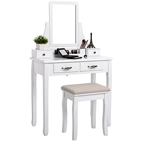 SONGMICS Vanity Set, 2 Large Sliding Drawers, Removable Makeup Organizer for Brushes Nail Polishes, Dressing Table with Mirror and Stool White URDT12W