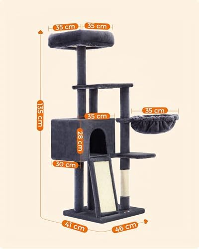Albero per Gatti, Tiragraffi Piccolo da 135 cm, Condominio per Gatti in Peluche a più Livelli con Copertura per Trespolo Rimovibile Lavabile, Graffiatoio, Cesto, Grotta, Grigio Scuro