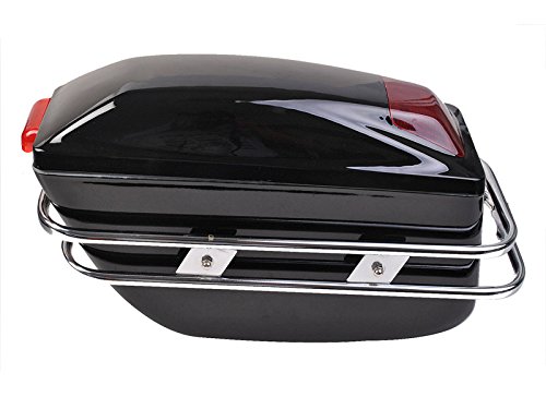 2 Pcs Motorcycle Cruiser Hard Trunk Saddlebags Luggage w/Lights Mounted Chrome Rail Bracket Black