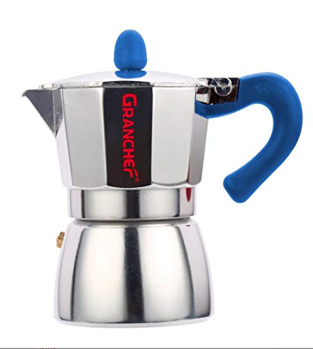 Granchef Espressokocher aus Aluminium, 3 Tassen, Espressokocher mit Griff und blauem Griff (3 Tassen)