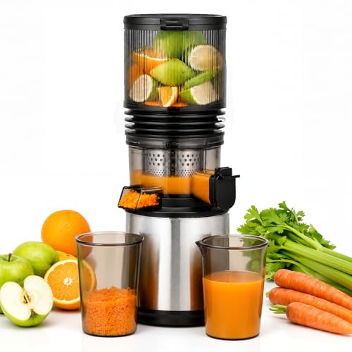 AMZCHEF Extractor de Zumos 158 mm Boca XXL, Licuadora de Prensado en Frío para Frutas y Verduras, Slow Juicer 2L con Vaso de Pulpa y Vaso de Zumo, Fácil Limpieza, Motor Silencioso, Acero Inoxidable